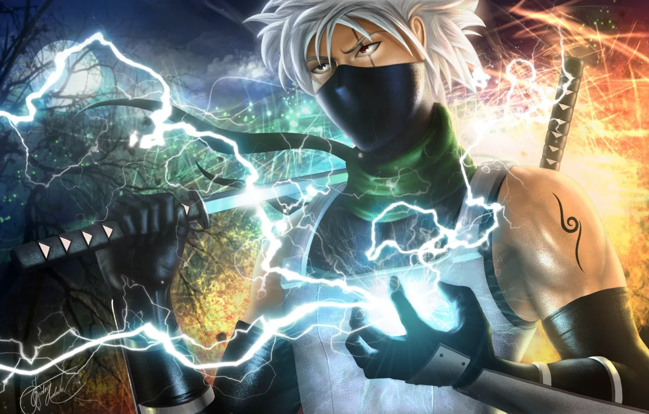 Photo wallpaper look, lightning, sword, anime, mask, Naruto, art, Kakashi Hatake