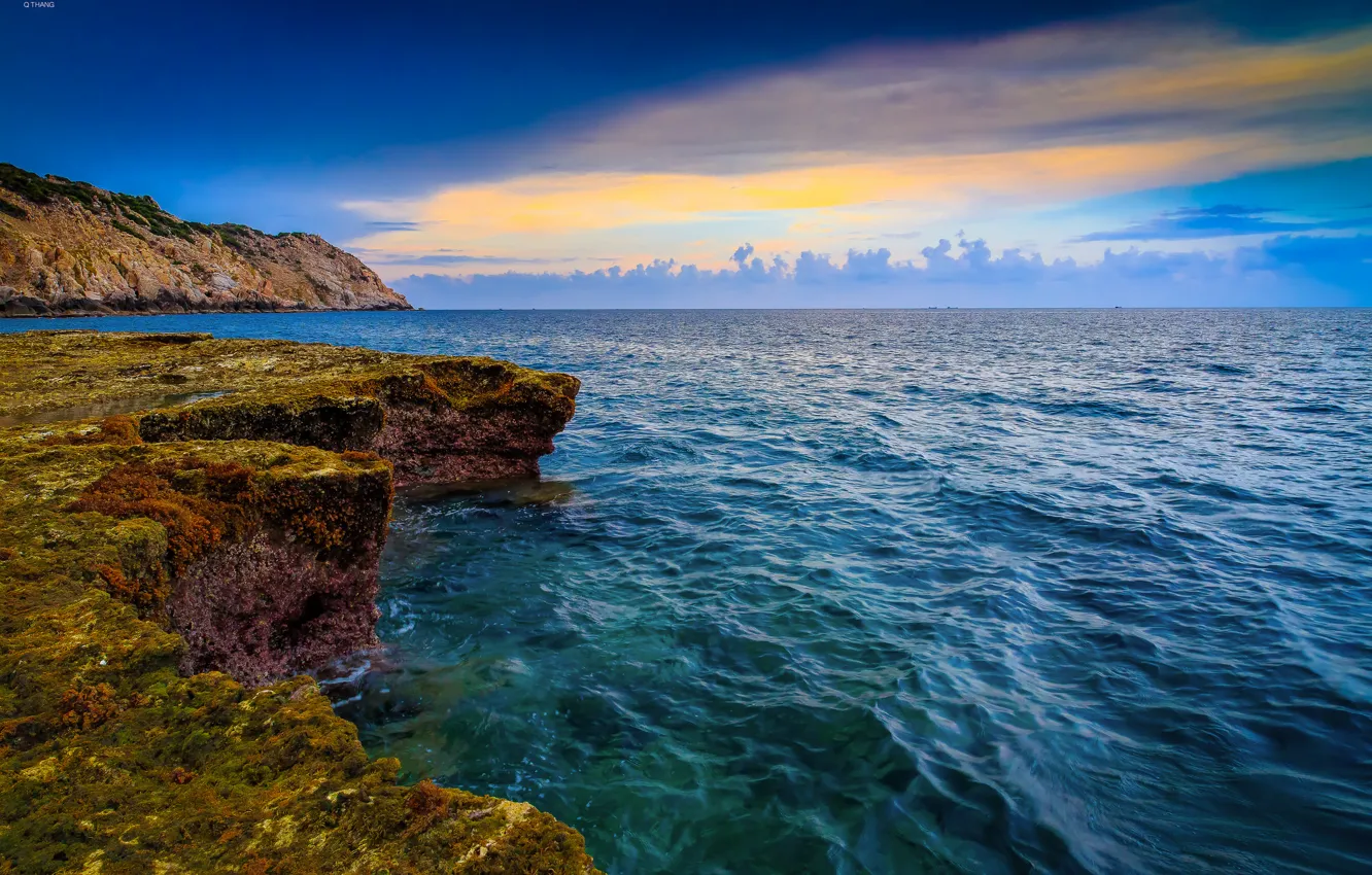 Photo wallpaper sea, the sky, clouds, sunset, mountains, rocks