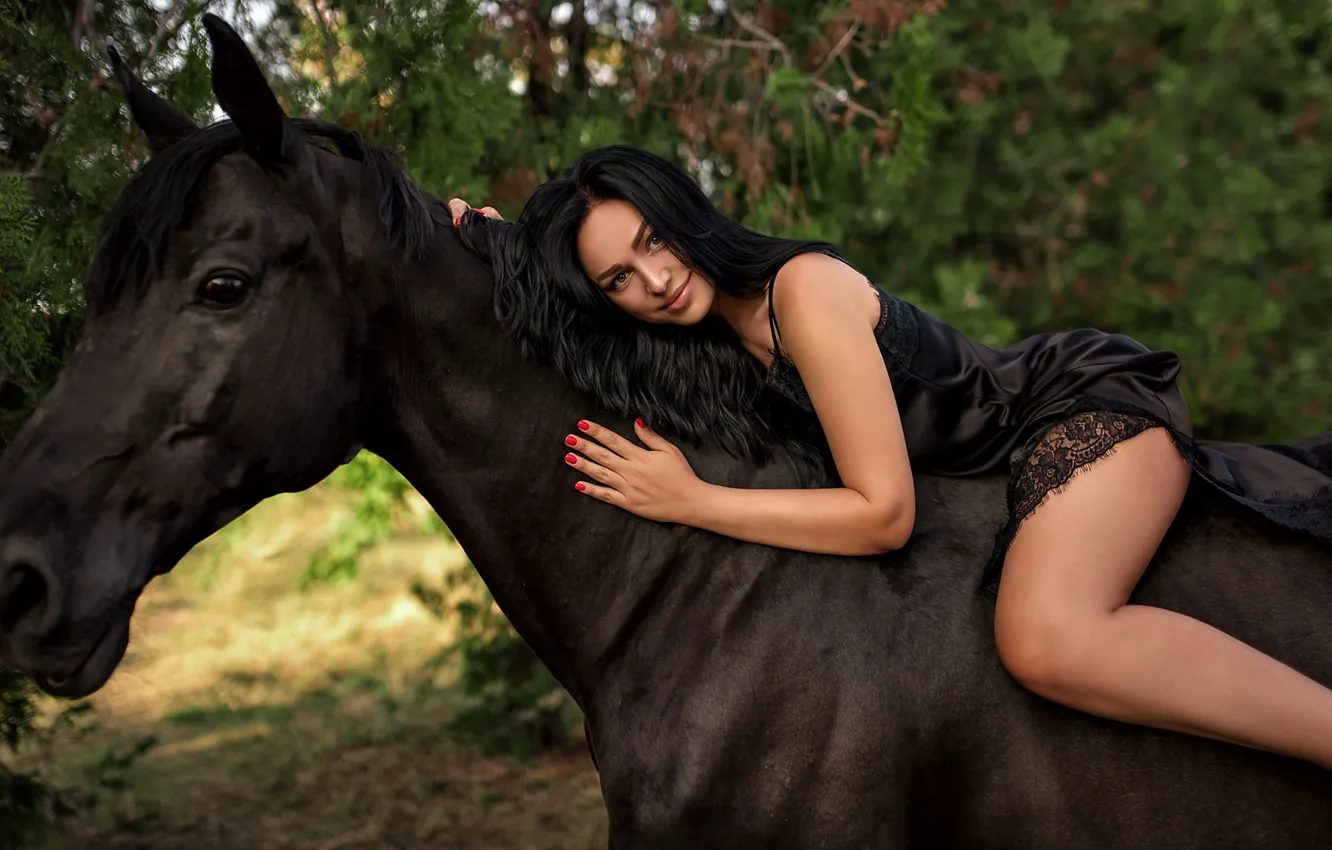 Photo wallpaper look, girl, pose, smile, horse, brunette, crows, Mykola Kashuba
