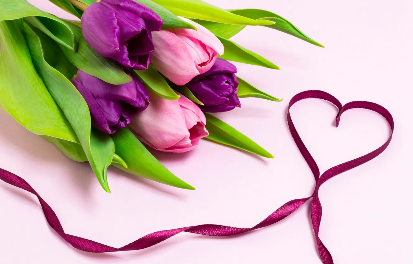Photo wallpaper love, flowers, heart, bouquet, tape, tulips, love, heart