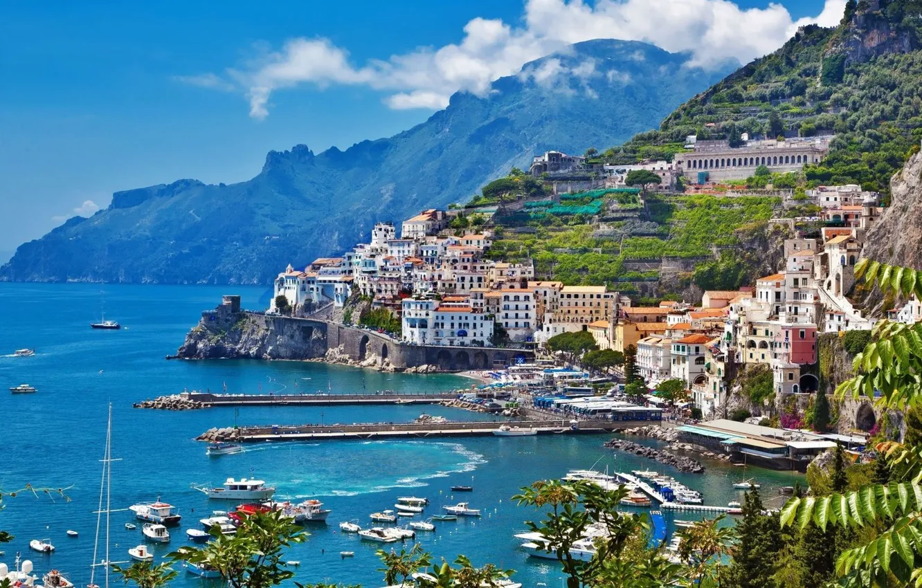 Photo wallpaper sea, mountains, home, yacht, Italy, Amalfi