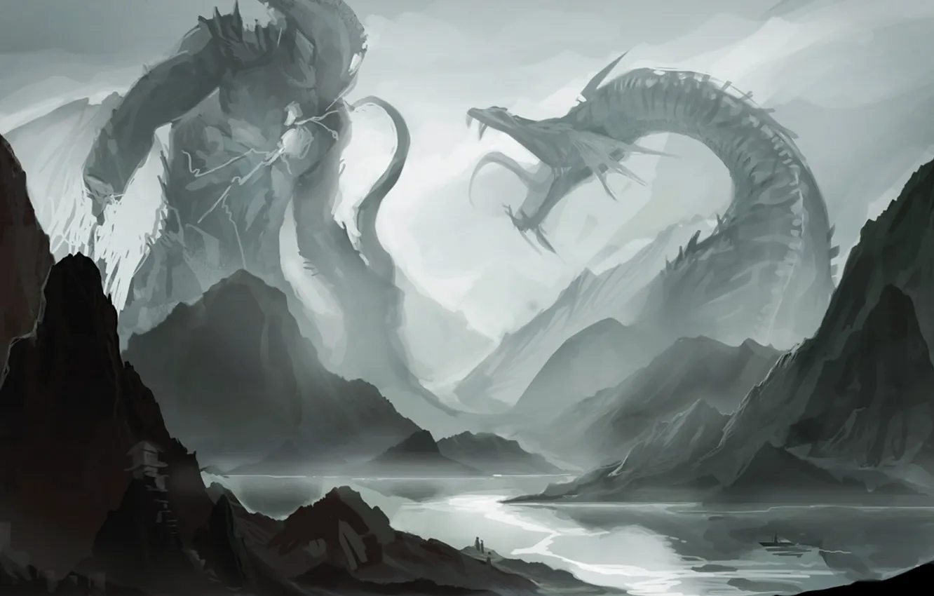 Photo wallpaper mountains, river, boat, monster, mouth, fangs, battle, fight