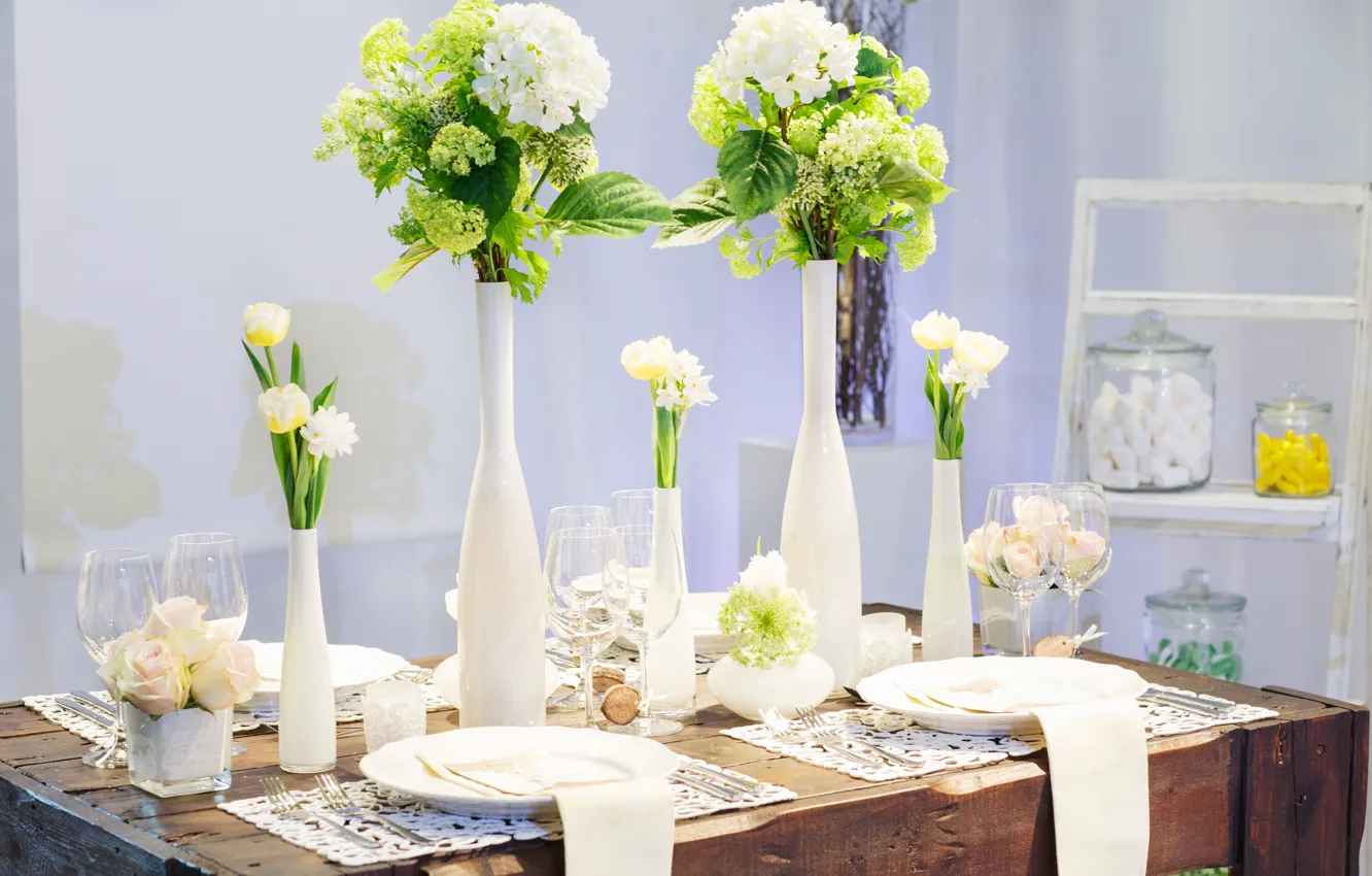 Photo wallpaper flowers, white, glasses, tulips, vases, serving