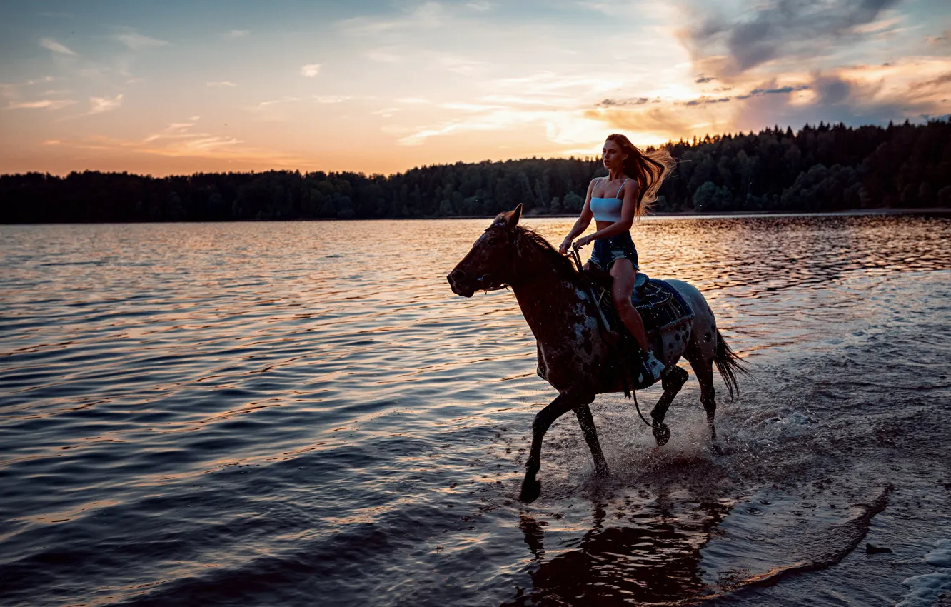 Photo wallpaper girl, sunset, squirt, river, horse, the evening, Shapar Andrew