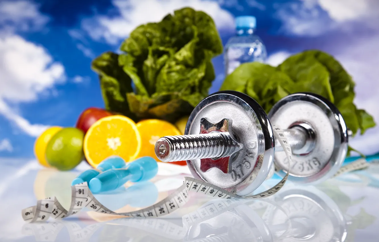 Photo wallpaper sport, fruit, fitness, dumbbells