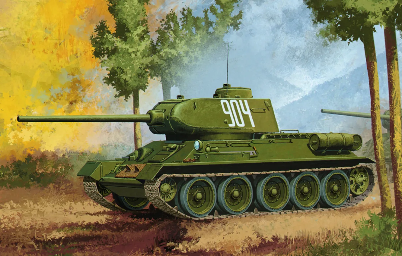 Photo wallpaper war, art, painting, tank, T-34/85, ww2 tank