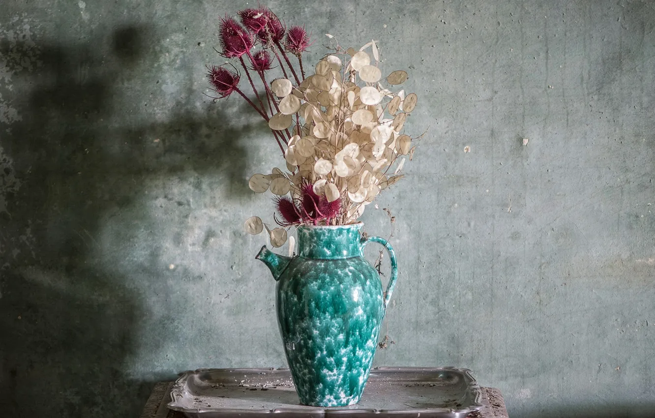 Photo wallpaper flowers, wall, vase
