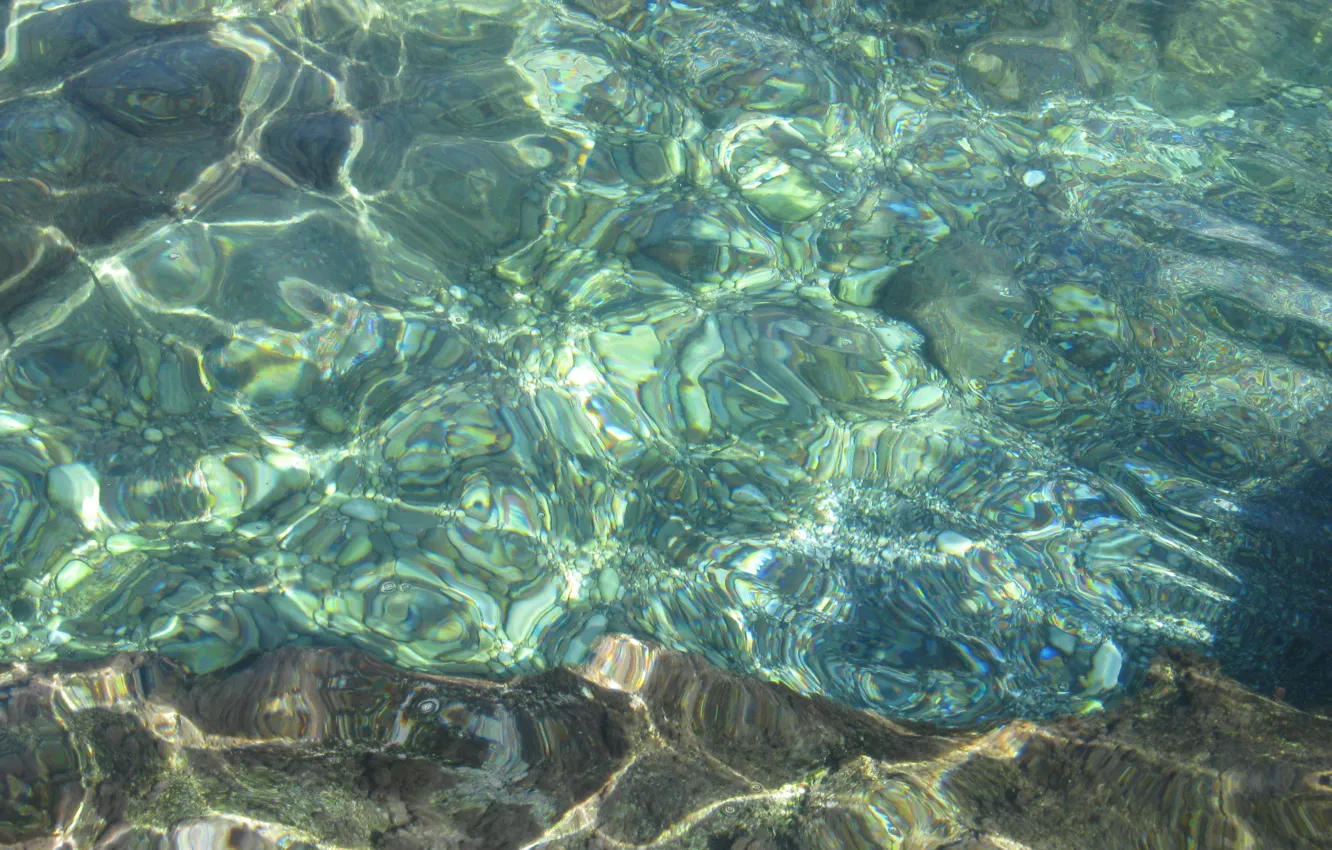 Photo wallpaper sea, transparency, glare, stones, Water, the play of light, sunlight