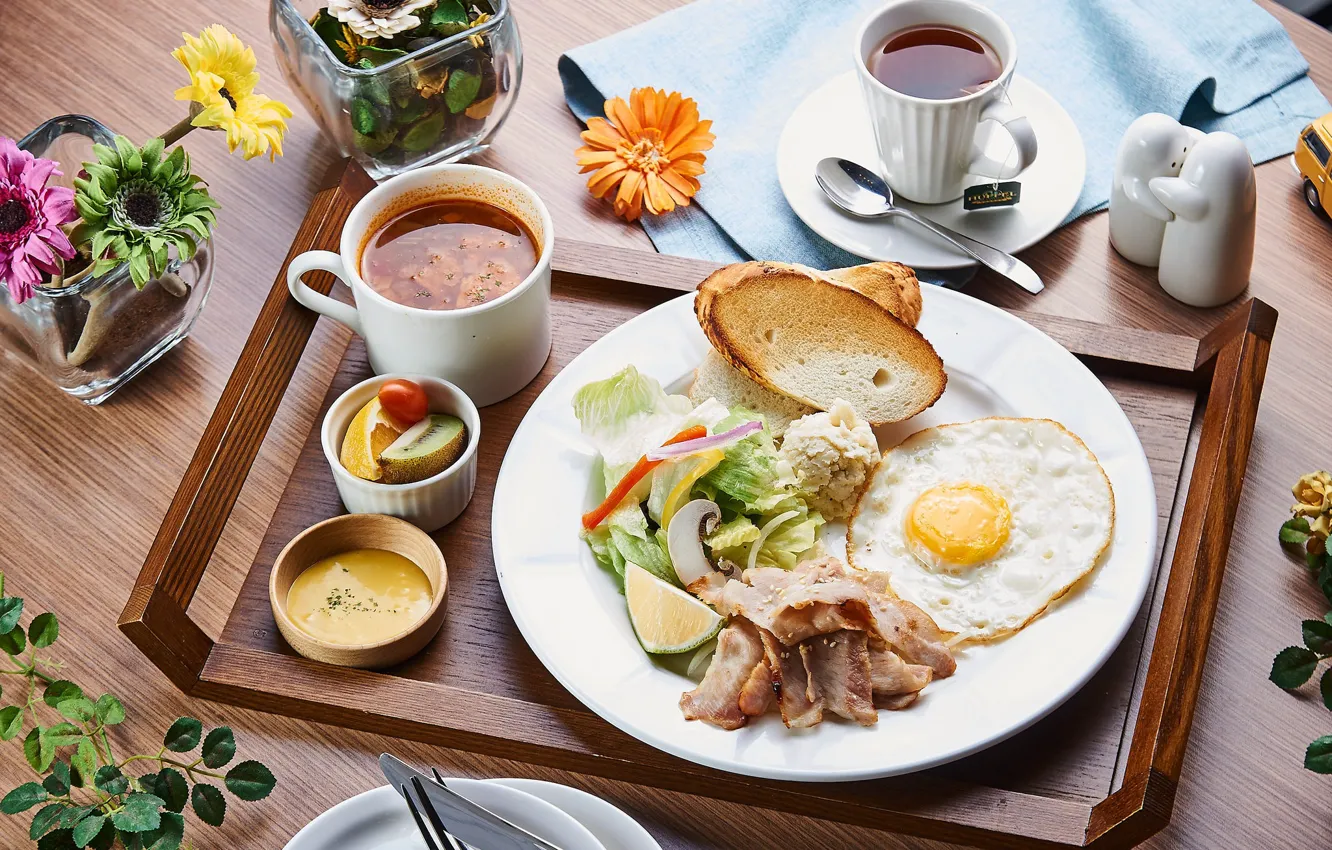 Photo wallpaper tea, Breakfast, bread, scrambled eggs, vegetables