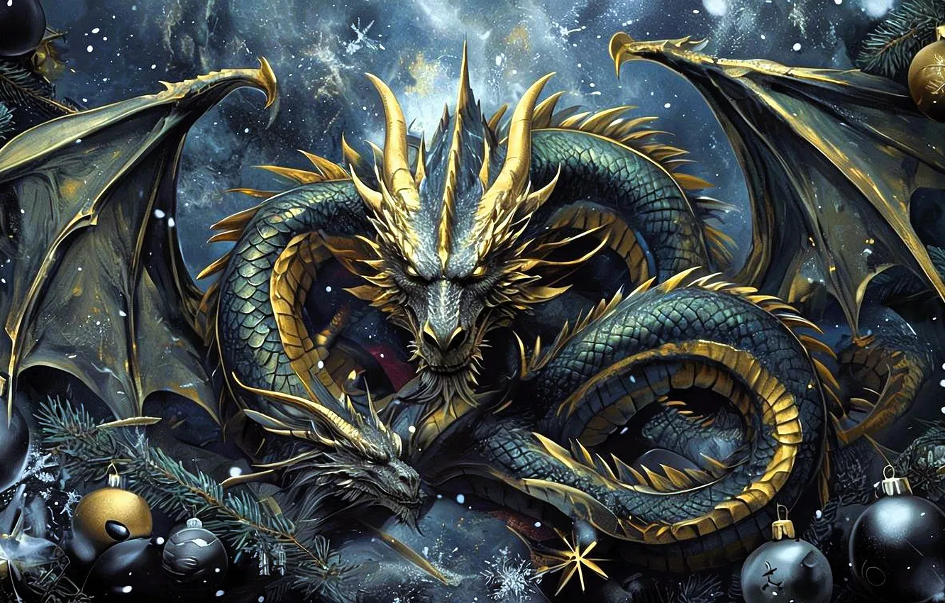 Photo wallpaper balls, dragon, wings, beauty, haze, horns, bokeh, digital art