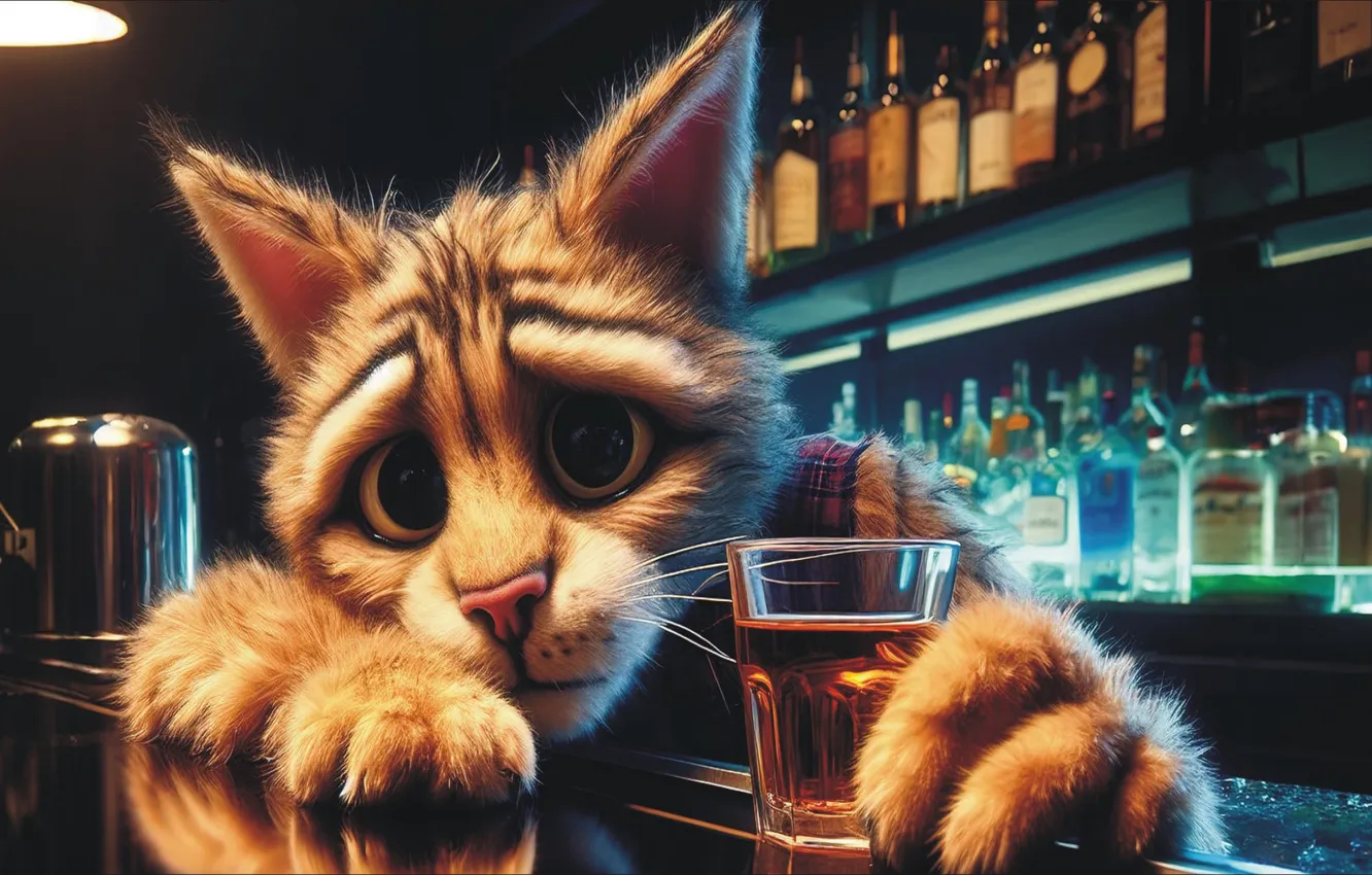 Photo wallpaper sadness, cat, mood, bar, booze, bar, cat, art