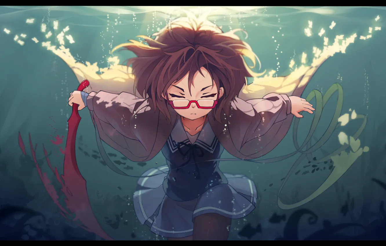 Photo wallpaper girl, weapons, anime, art, glasses, schoolgirl, under water, haraguroi you