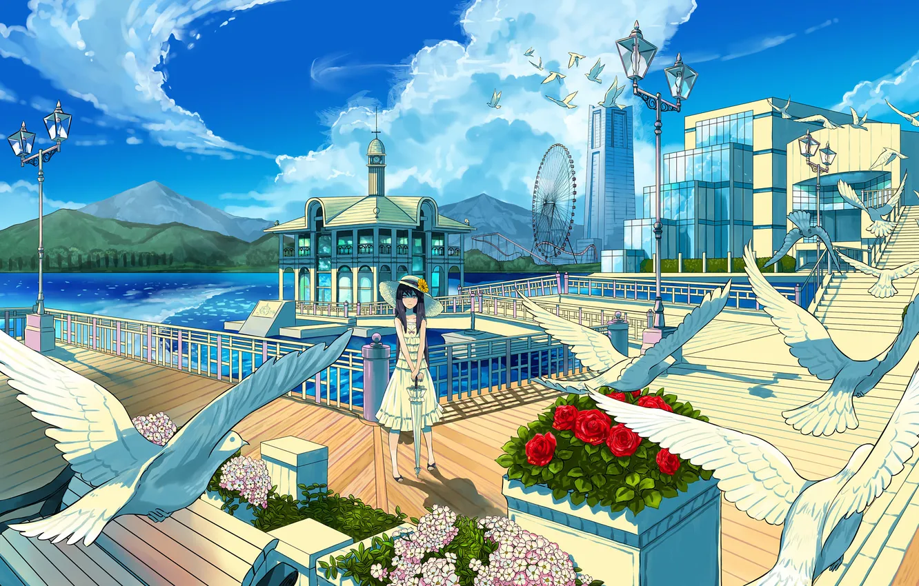 Photo wallpaper sea, girl, bird, hat, umbrella, pier, art, kanipanda