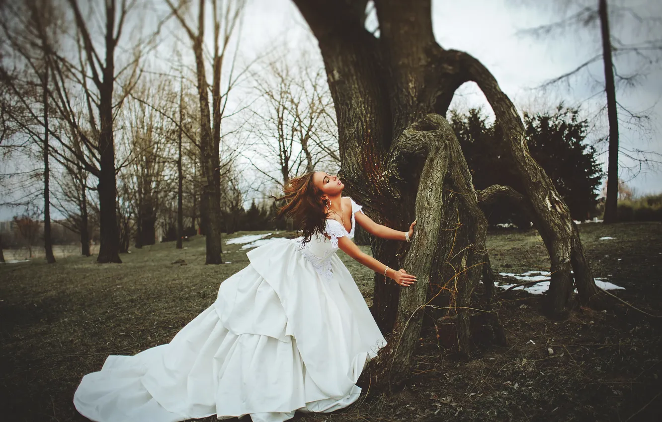 Photo wallpaper girl, trees, dress, the bride