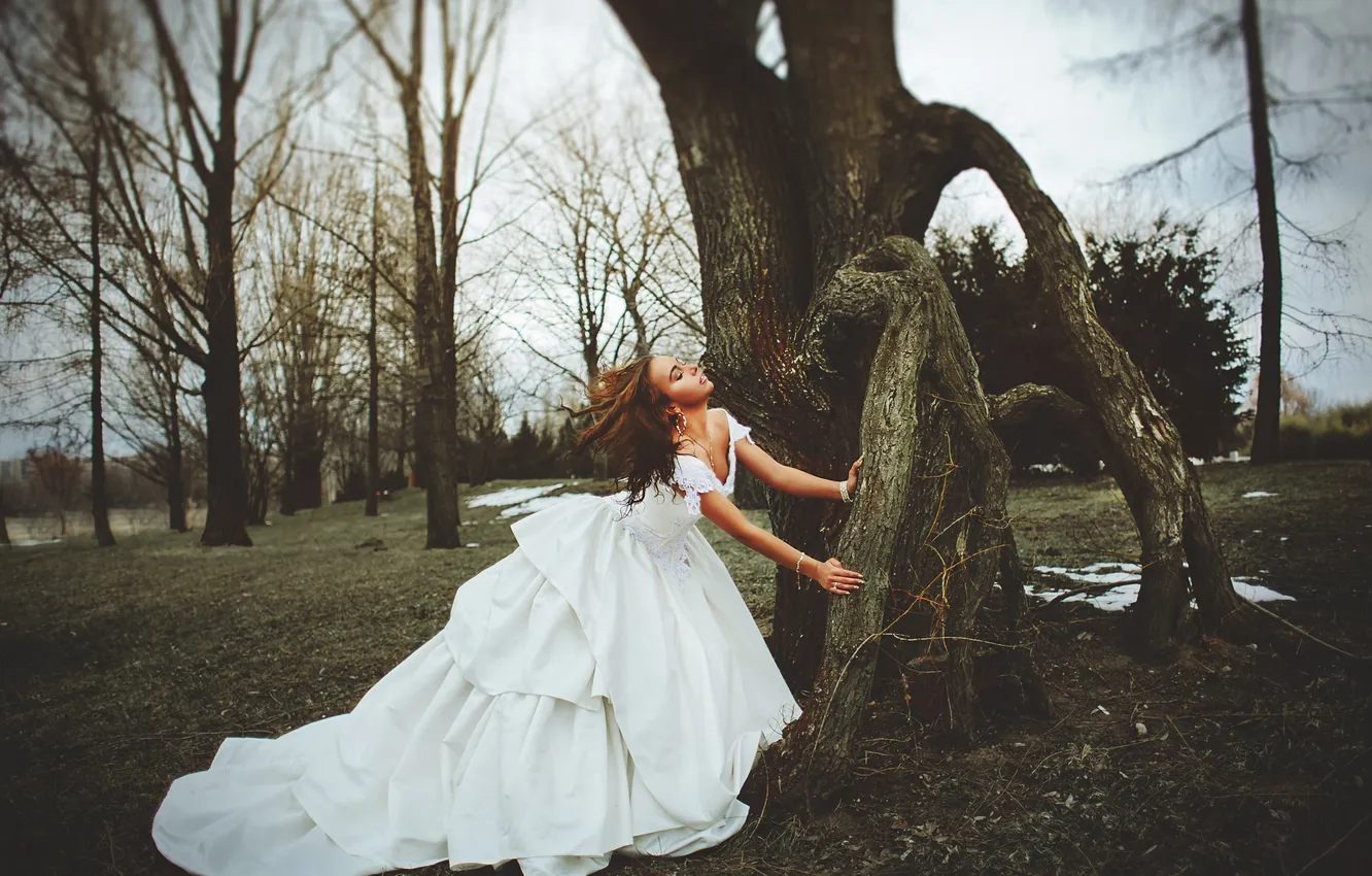 Photo wallpaper girl, tree, dress, the bride