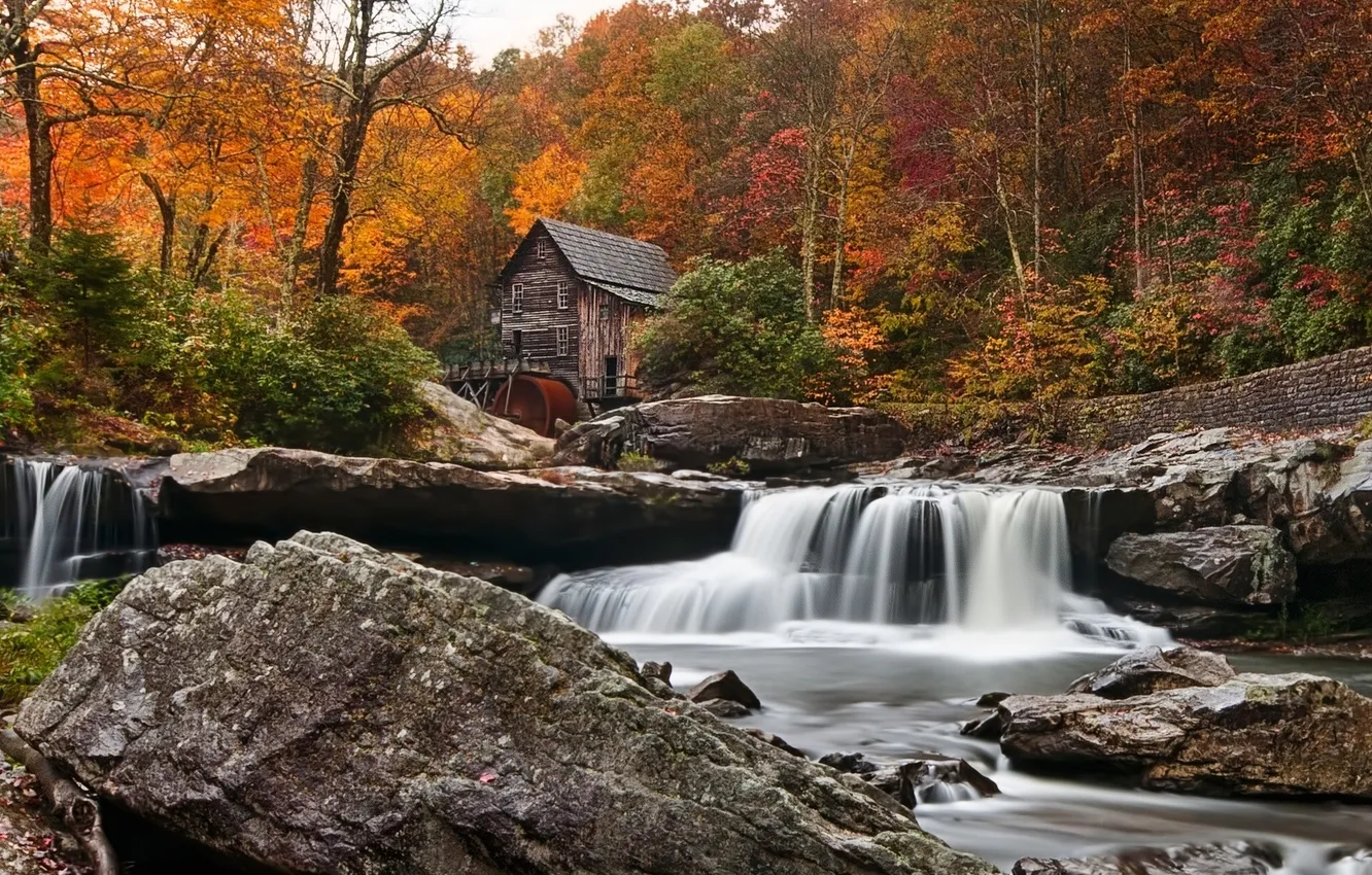 Photo wallpaper autumn, forest, river, stones, mill, Babcock State Park, West Virginia, New River