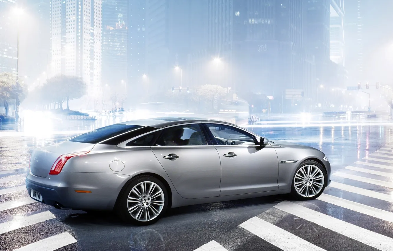 Photo wallpaper road, machine, the city, fog, silver, Jaguar, sedan