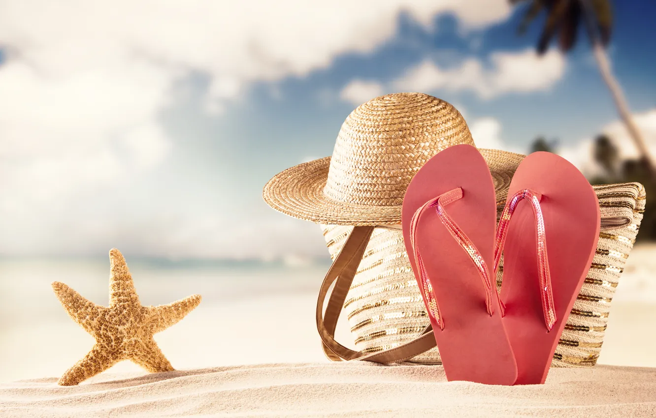 Photo wallpaper sand, beach, summer, hat, starfish, summer, bag, beach