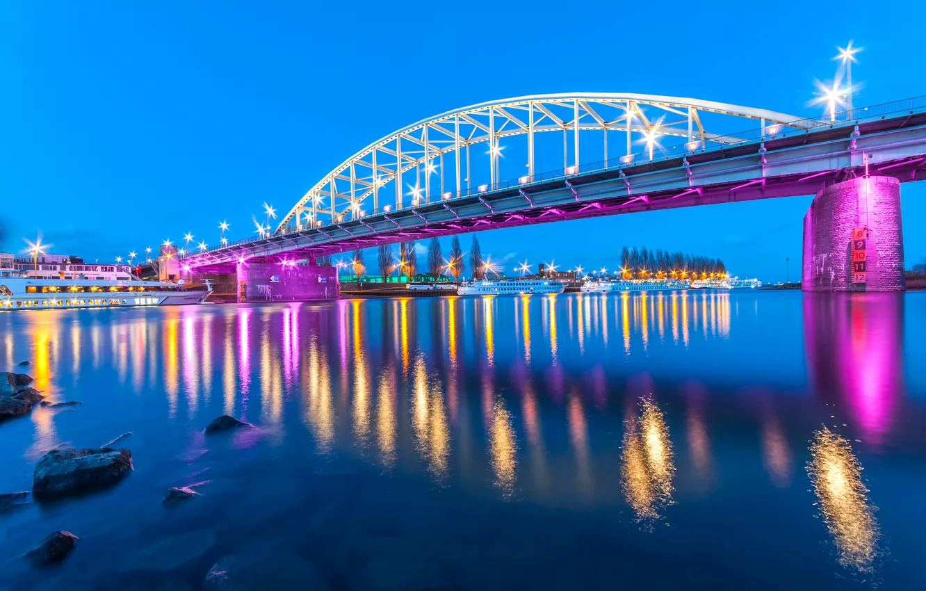Photo wallpaper bridge, lights, river, shore, the evening, lights, Netherlands, ships