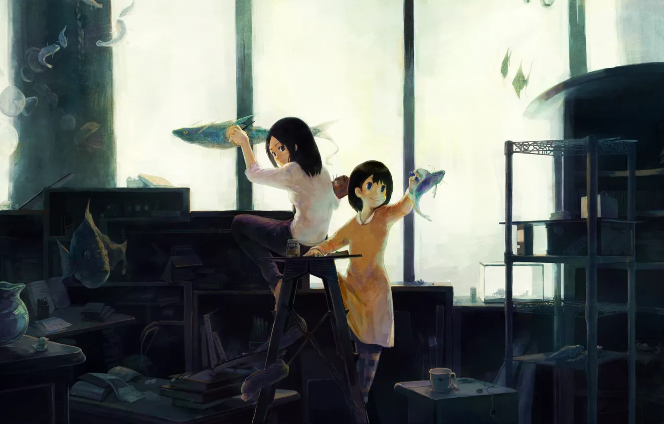 Photo wallpaper paint, aquarium, fish, workshop, artist, drawing, painting