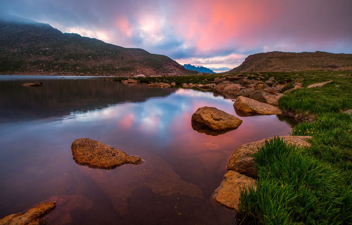 Photo wallpaper mountains, nature, river, stones, shore