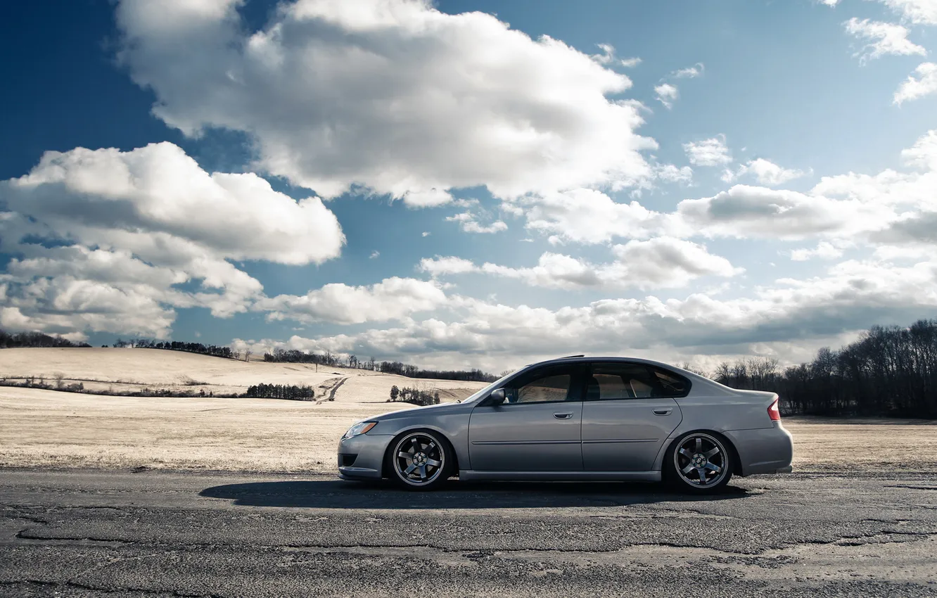 Photo wallpaper road, clouds, field, subaru, Subaru, Legacy