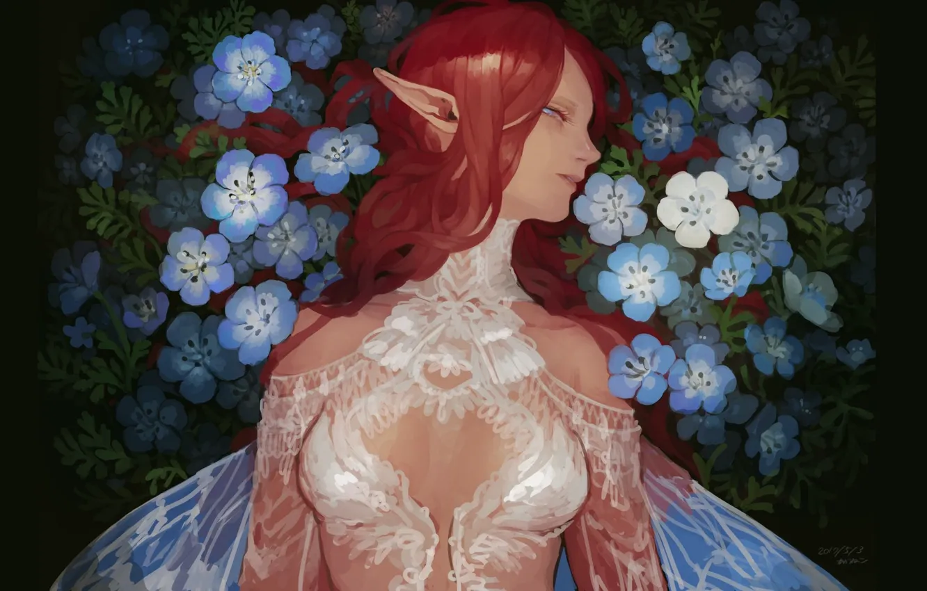 Photo wallpaper red, lace, elf, wings, white dress, long hair, forget-me-nots, in profile