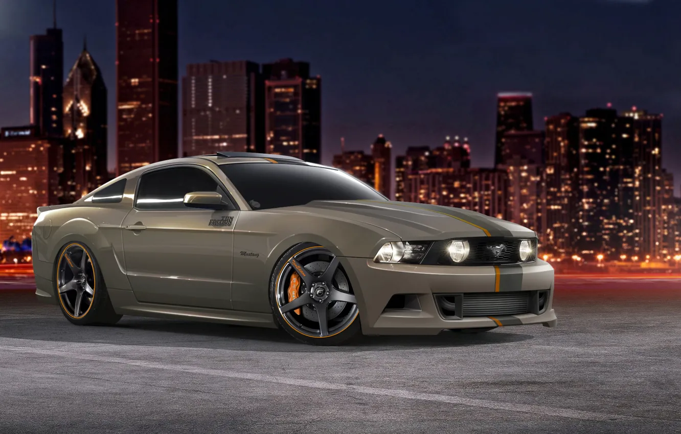 Photo wallpaper tuning, Mustang, Ford, Mustang, muscle car, Ford, skyscrapers, megapolis