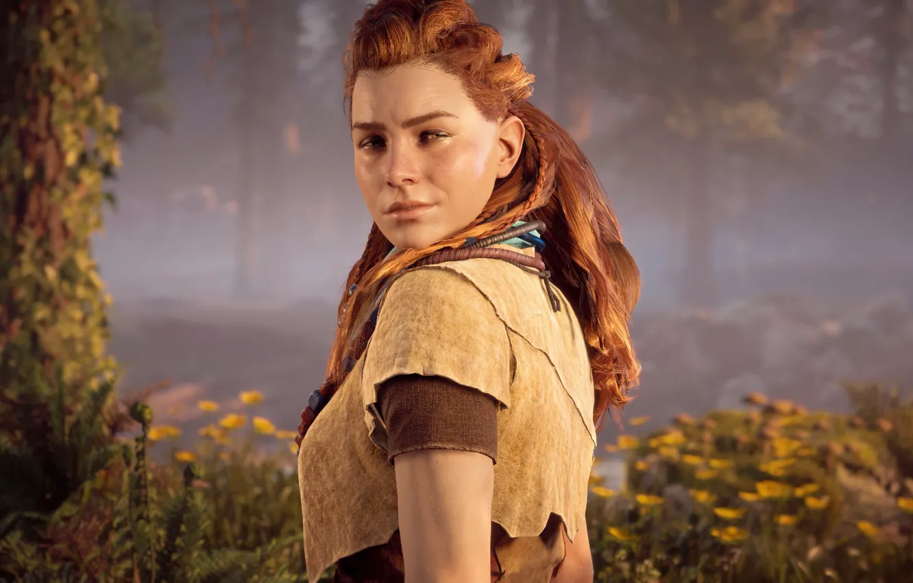 Photo wallpaper look, girl, trees, horizon, Sony Computer Entertainment, Guerrilla Games, Horizon: Zero Dawn, Horizon Zero Dawn