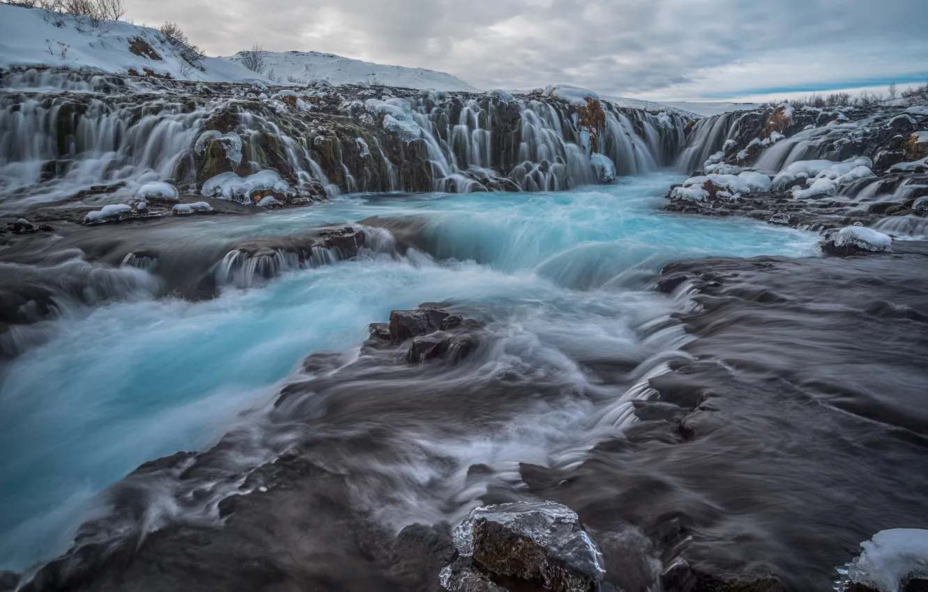 Photo wallpaper clouds, landscape, nature, stones, rocks, waterfall, stream, Iceland