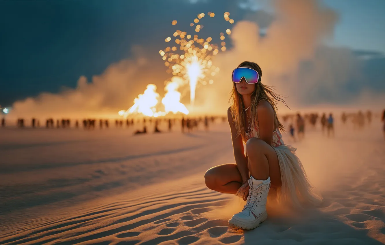 Photo wallpaper girl, night, lights, desert, smoke, people, glasses, outfit