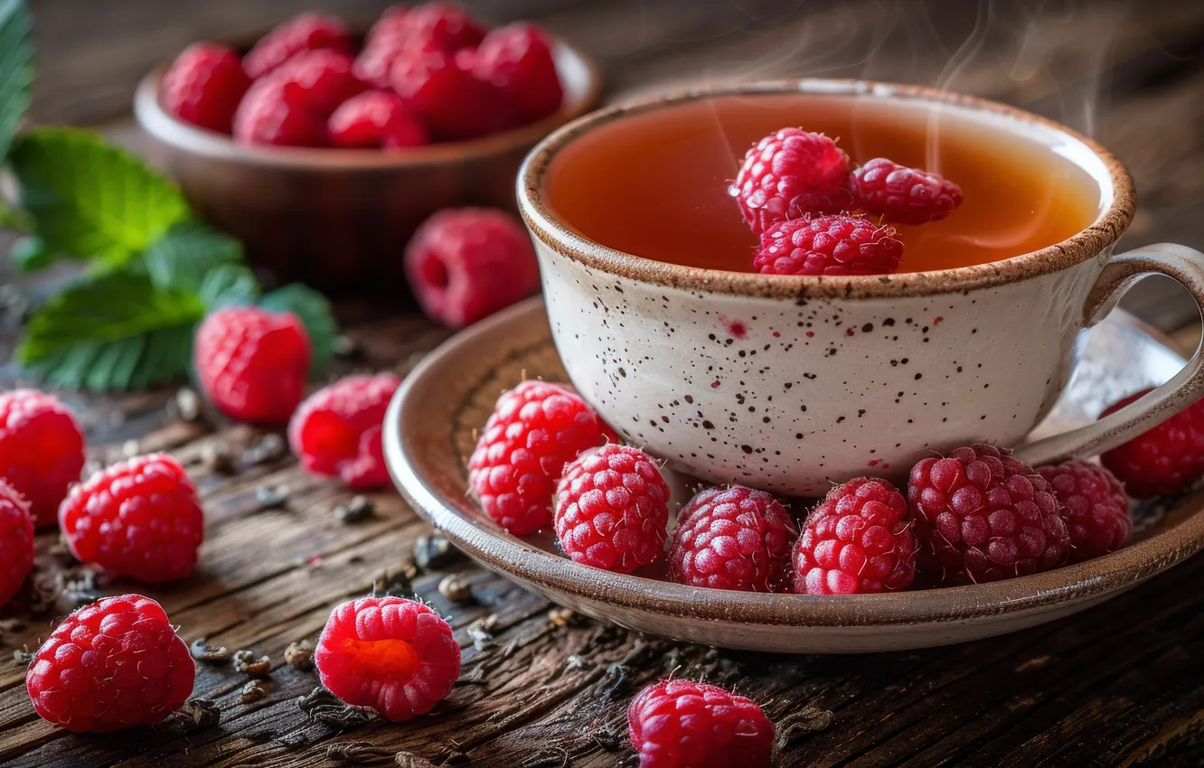 Photo wallpaper berries, raspberry, table, tea, Board, hot, pair, Cup