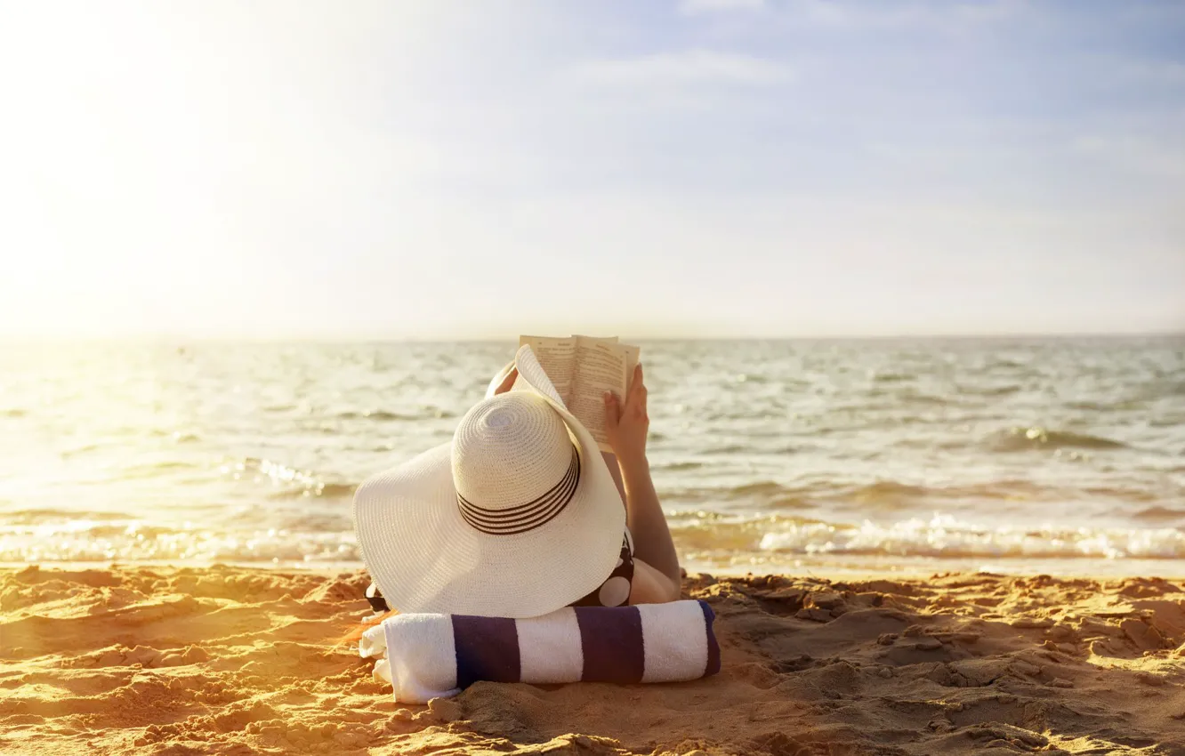 Photo wallpaper sea, beach, summer, girl, stay, vacation, book, hat