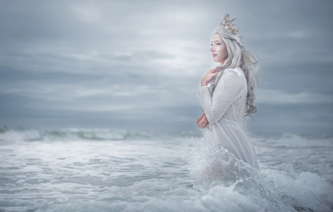 Photo wallpaper sea, wave, the sky, look, girl, clouds, pose, style