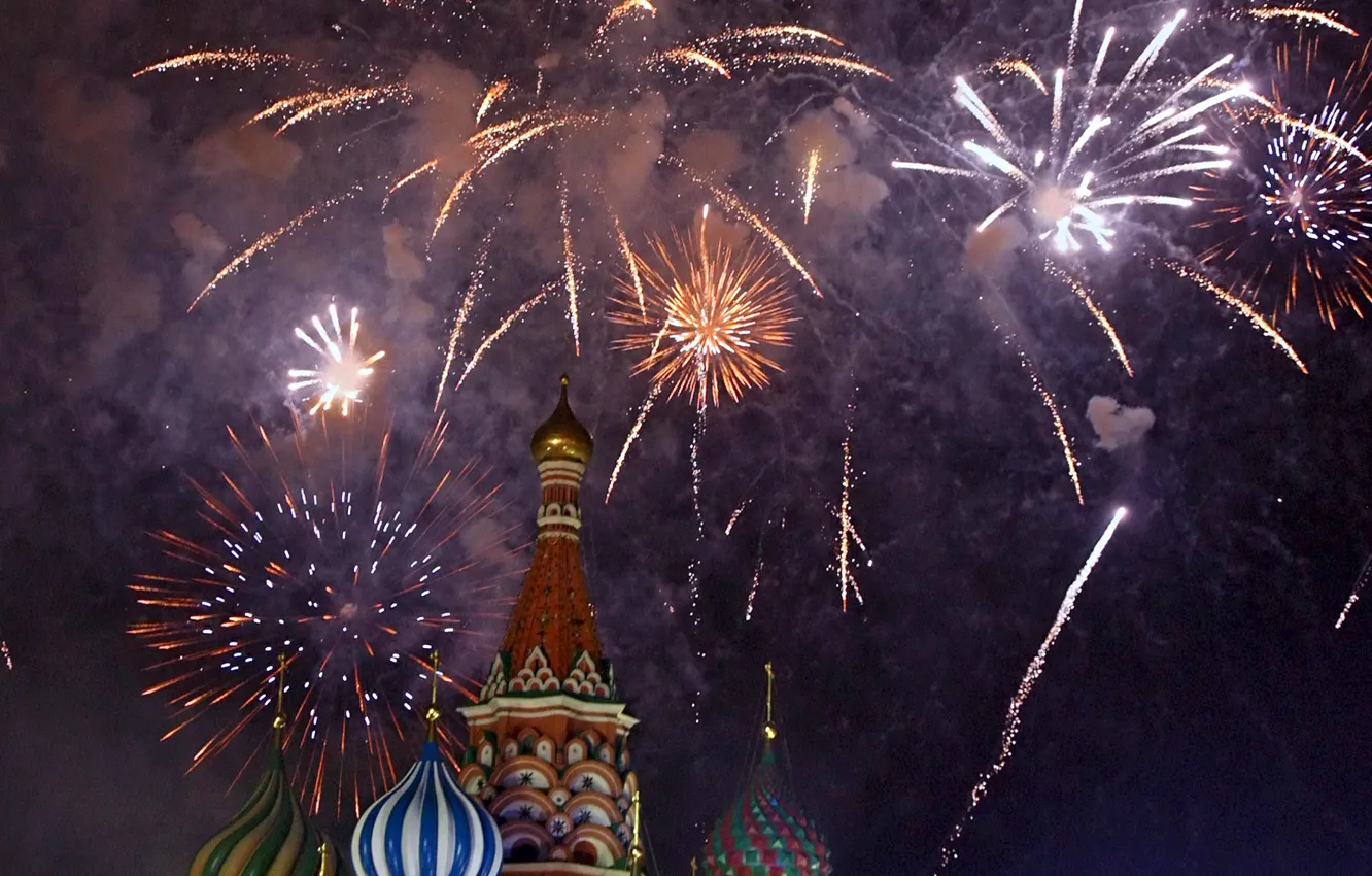 Photo wallpaper salute, Moscow, Cathedral, fireworks, Russia, Moscow, New Year, St. Basil's Cathedral
