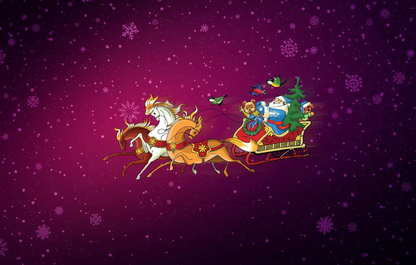 Photo wallpaper Minimalism, Snow, Christmas, Snowflakes, Background, New year, Horse, Horses