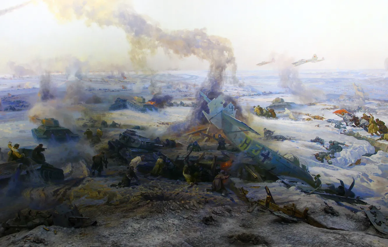 Photo wallpaper Winter, Snow, War, Panorama, Picture, Soldiers, Fragment, Russian