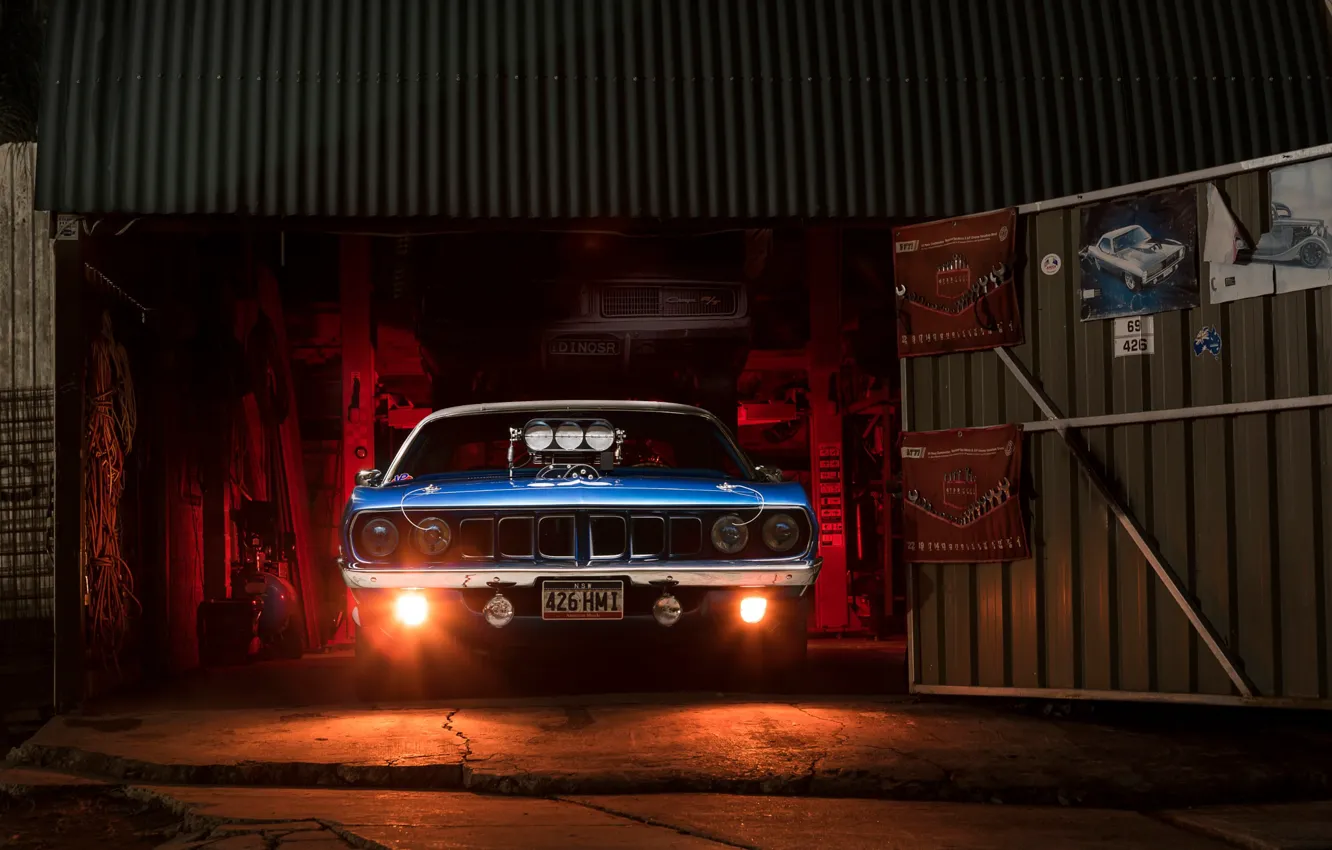 Photo wallpaper light, garage, Chrysler, muscle car, Plymouth Barracuda
