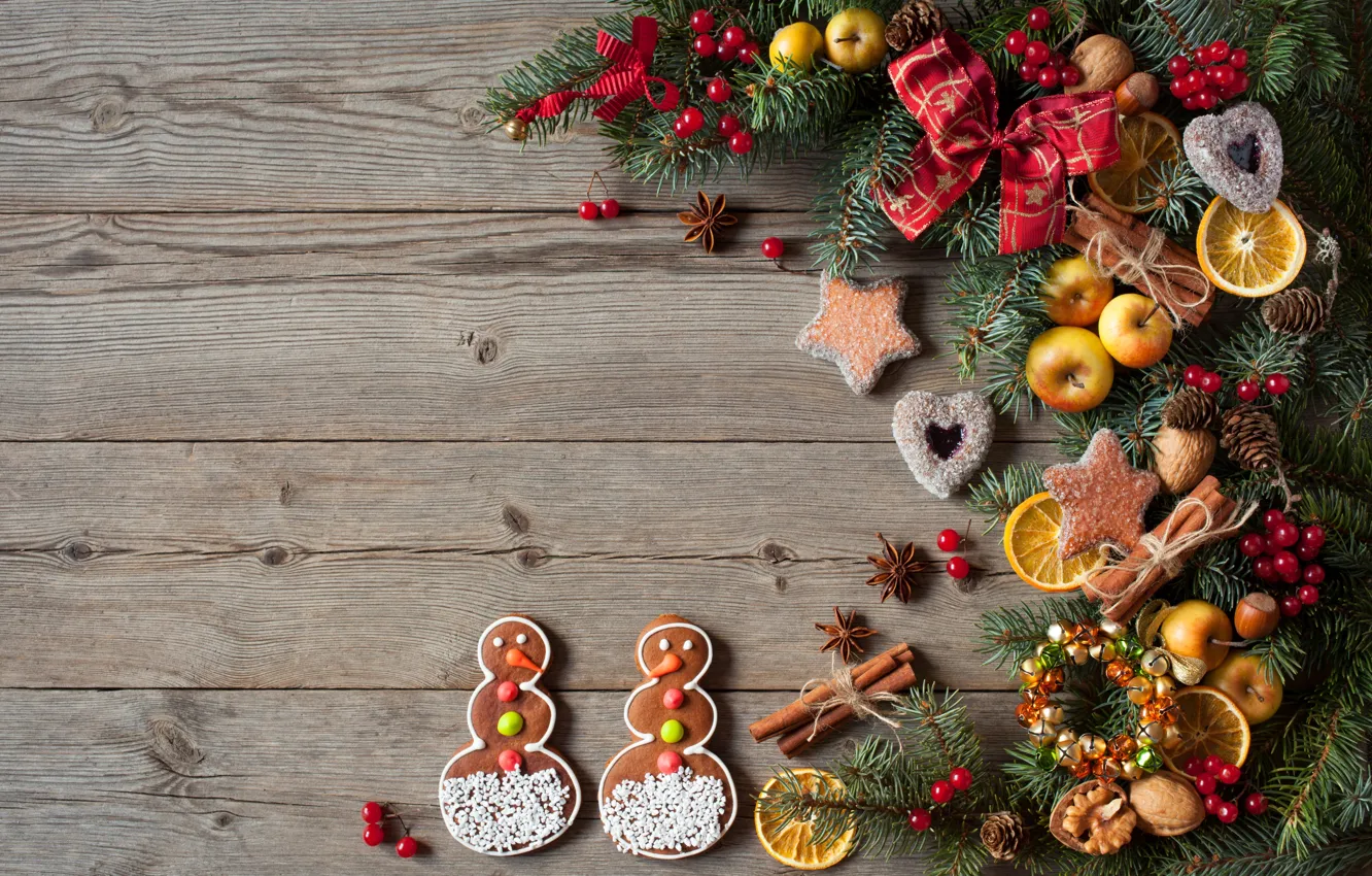 Photo wallpaper decoration, berries, tree, New Year, cookies, Christmas, hearts, snowmen