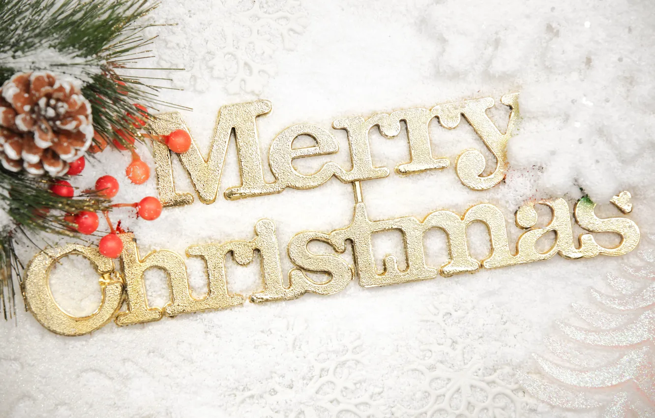 Photo wallpaper snow, decoration, snowflakes, the inscription, Christmas, tree