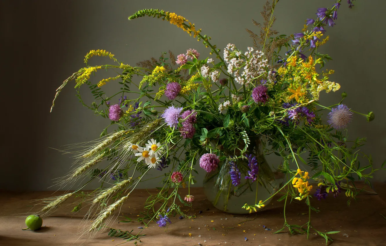Photo wallpaper flowers, bouquet, field, different, vase