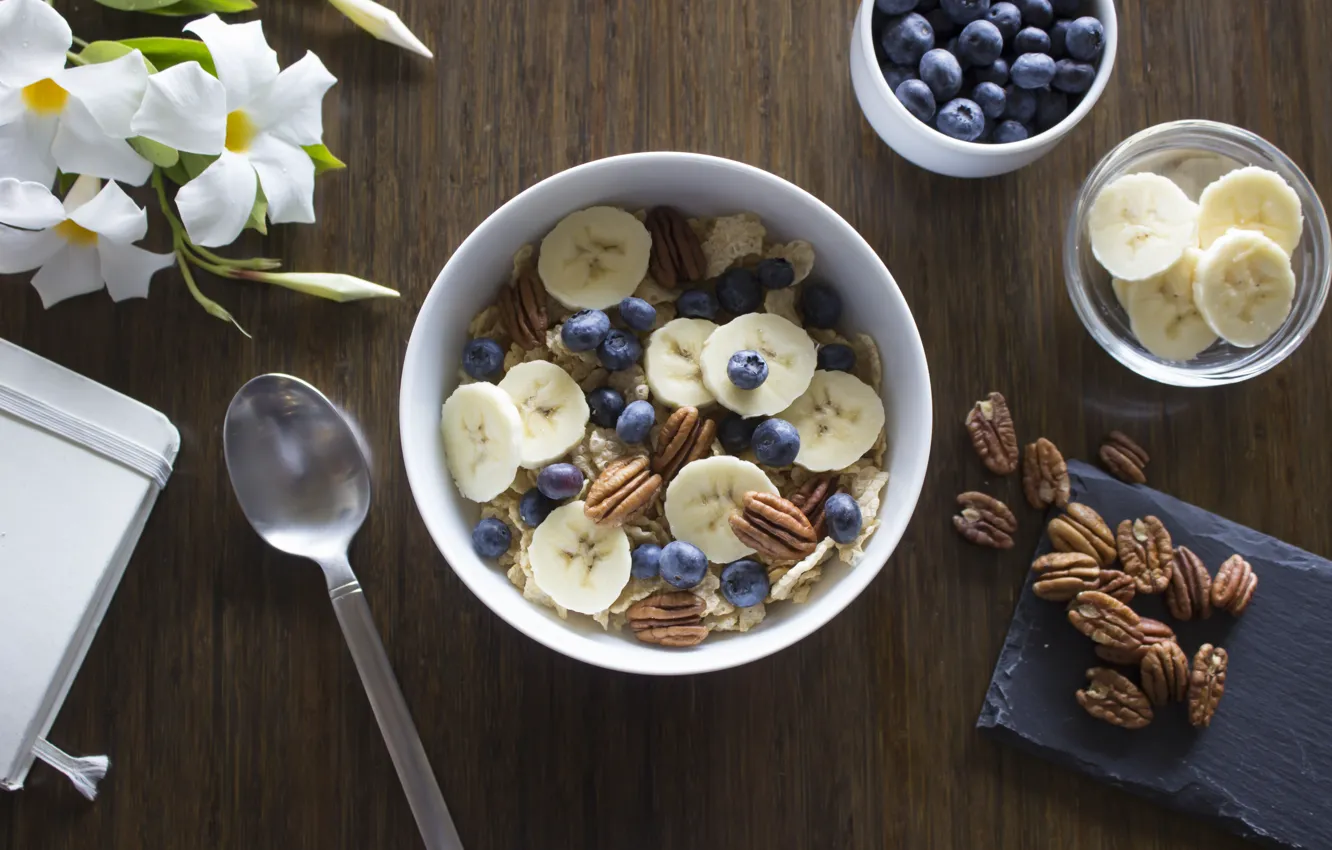 Photo wallpaper Breakfast, milk, blueberries, bananas, nuts, cereal