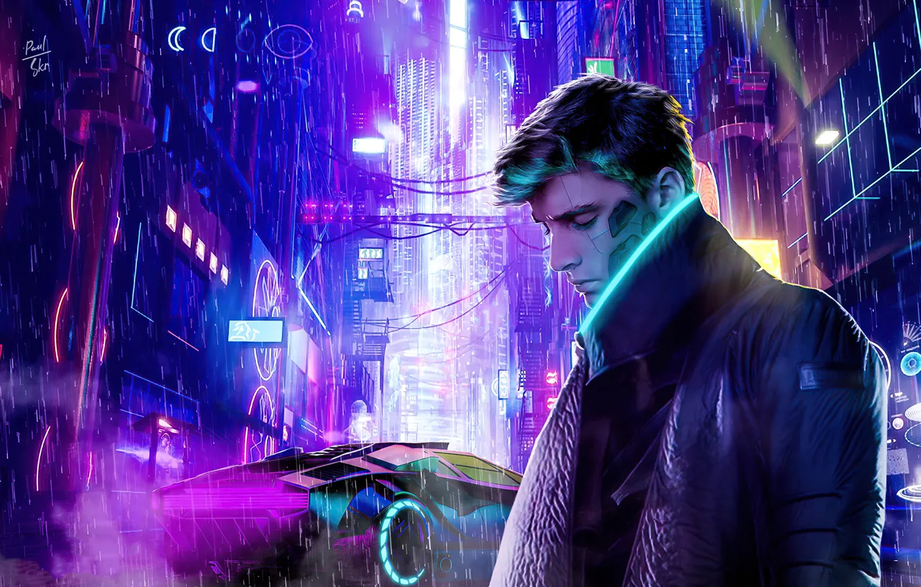 Photo wallpaper car, future, rain, street, the game, technology, neon, future