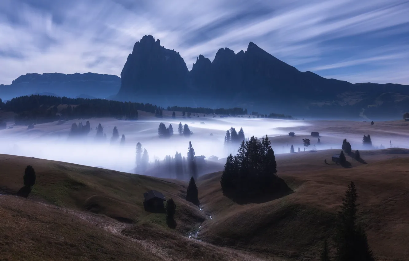 Photo wallpaper field, mountains, night, fog, Alps, house