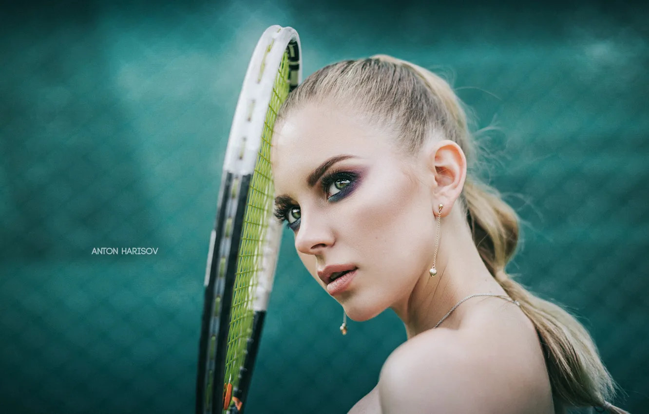 Photo wallpaper look, girl, face, background, portrait, makeup, racket, tennis