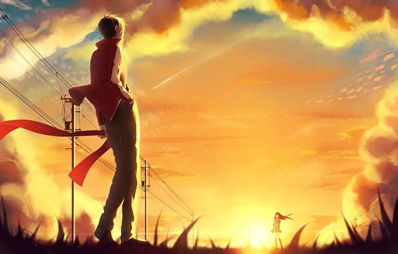 Photo wallpaper the sky, girl, the sun, clouds, sunset, posts, wire, anime