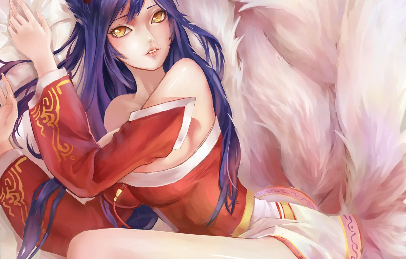 Photo wallpaper girl, art, tail, League of Legends, Ahri, feng dai hr