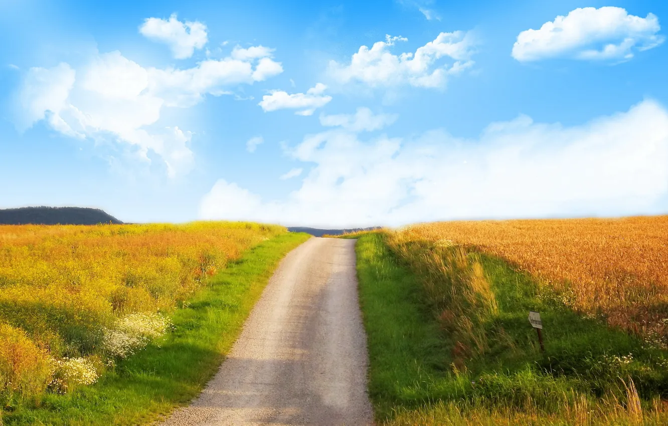 Photo wallpaper road, field, the sky, clouds