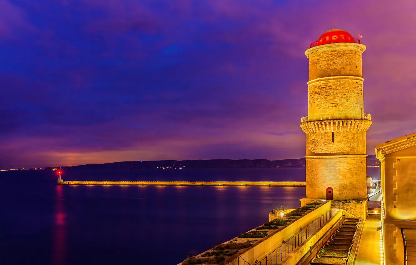 Photo wallpaper sea, night, lights, coast, France, lighthouse, lighting, pierce