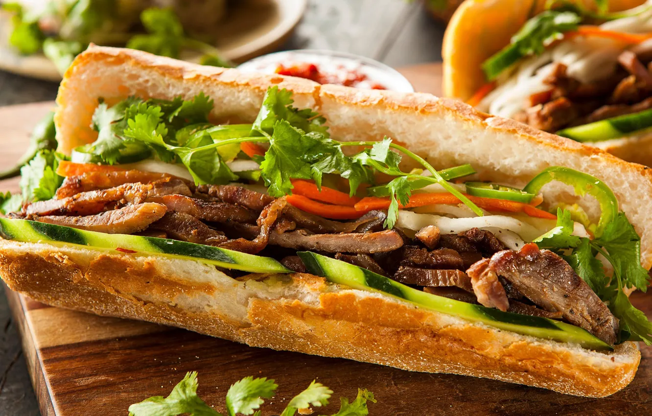 Photo wallpaper meat, sandwich, vegetables, roll, salad